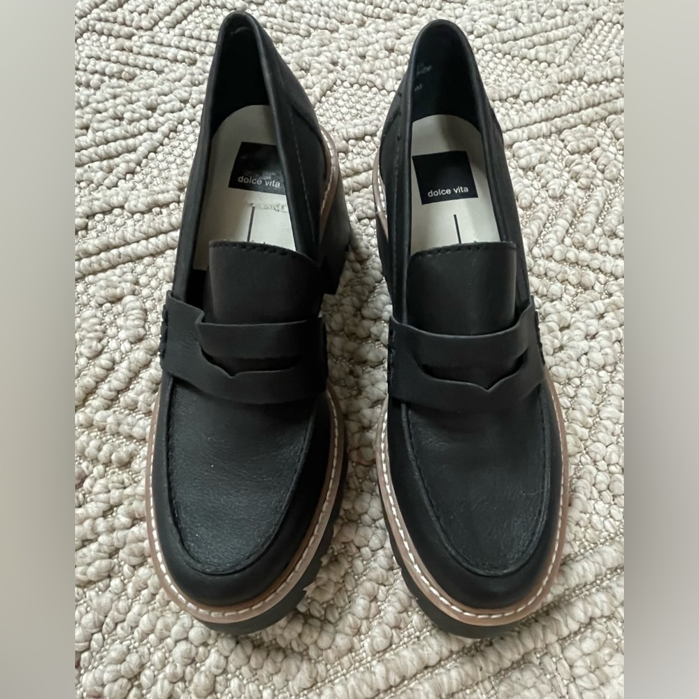 Dolce Vita Black Leather Penny Loafers with Tan Trim